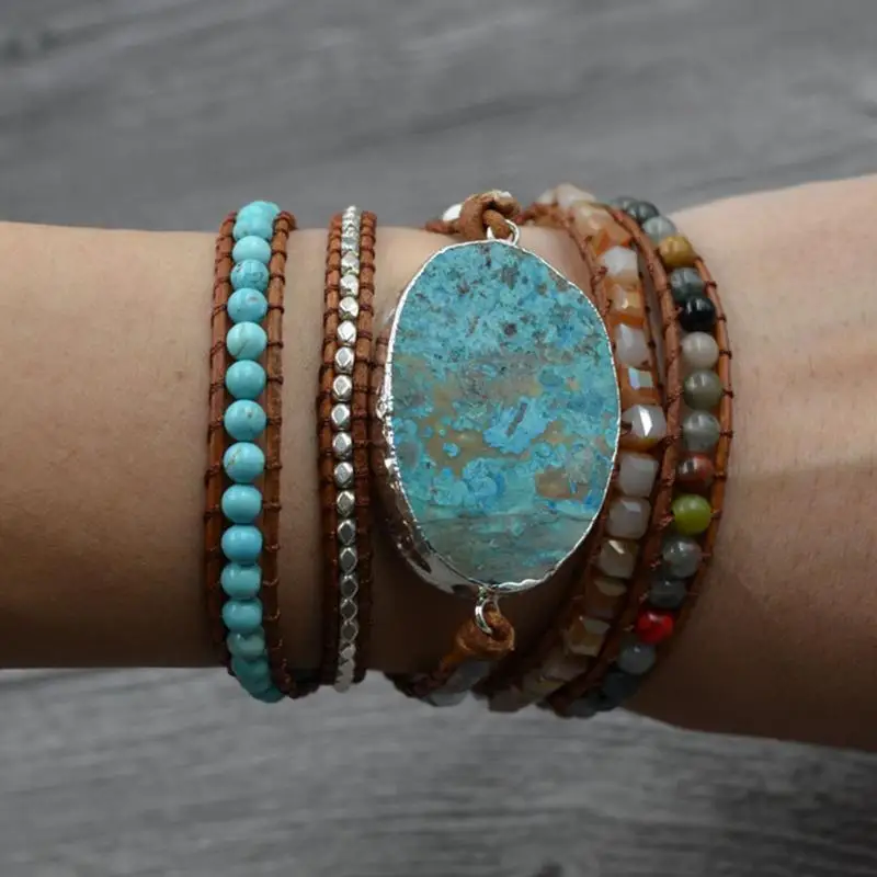 

Latest Leather Wrap Beaded Bracelet Huge Ocean Stone Bracelet Chic Jewelry Bohemian Bracelet Valentine's Gift