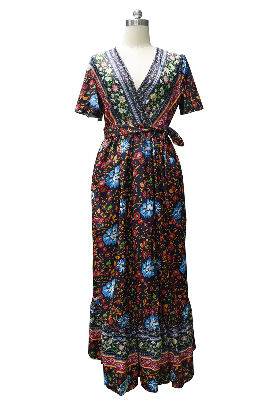 Gladiolus Bohemian Women Summer Dress Short Sleeve V Neck Floral Print Belt Tunic Split Sexy Beach Dresses Women 2019 Maxi Dress (11)