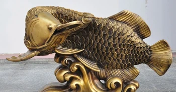 

chinese fengshui brass wealth rich money coin fish goldfish lucky success statue