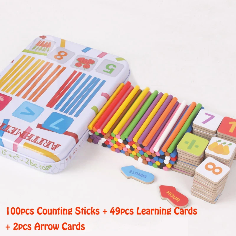 Детские красочные деревянные для счета палочки Математические Игрушки для образования жестяная коробка интересные Обучающие Развивающие игрушки