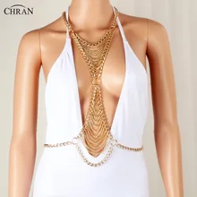 Chran Moda Impresionante Sexy Cuerpo Del Vientre, Tono de Oro plata Cadena Body Slave Arnés Collar de La Cintura de La Borla Del Sujetador Jewely CRBJ706