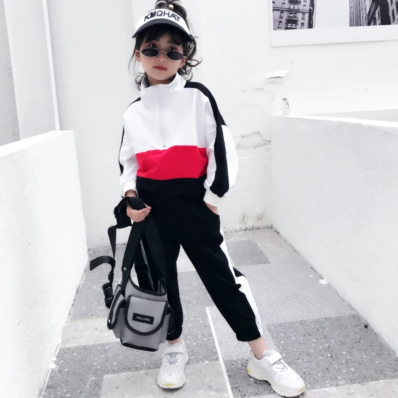 

Girls set 2019 spring new children's handsome loose contrast color stitching sweater sports pants two sets