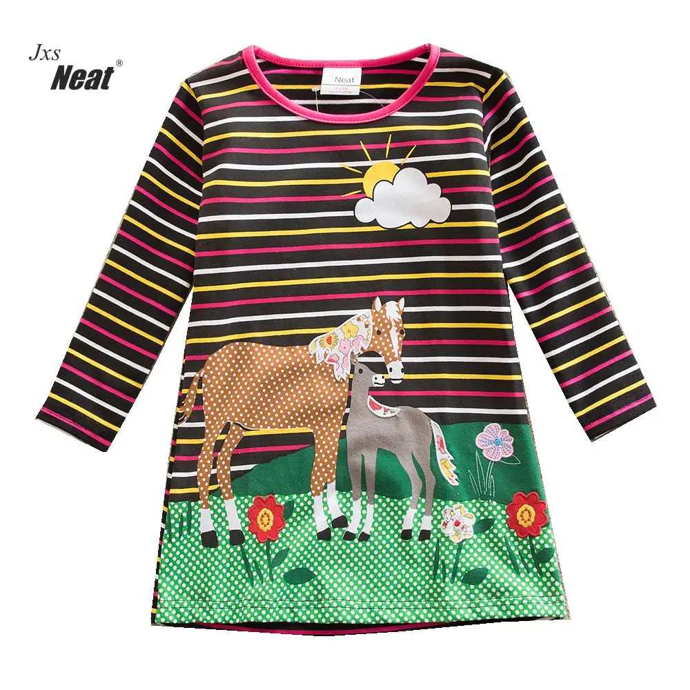 

NEAT Spring Autumn Baby Girl clothes kids Long sleeve dress Stripe printing animal picture Girl casual cotton Girl dress AL6461