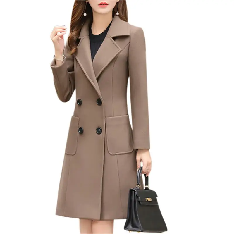 Элегантная женская куртка на осень и зиму, модное пальто, теплое шерстяное Женское пальто, большие размеры, тонкая Смешанная одежда, верхняя одежда - Цвет: Хаки