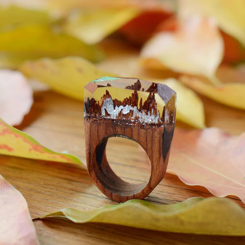 Дизайн Роза Цветущая тайный лес Деревянный миниатюрный миры внутри кольцо для женщин Смола палец ювелирные изделия