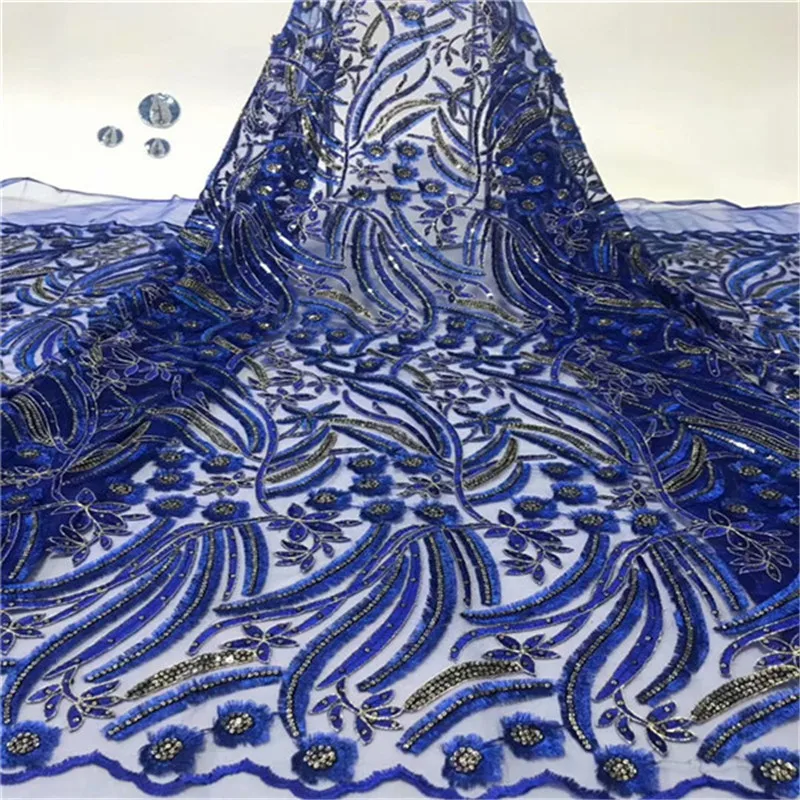 

high quality royal blue African French net tulle Lace Fabric for party Hot selling stone glued glitter sequins lace fabric