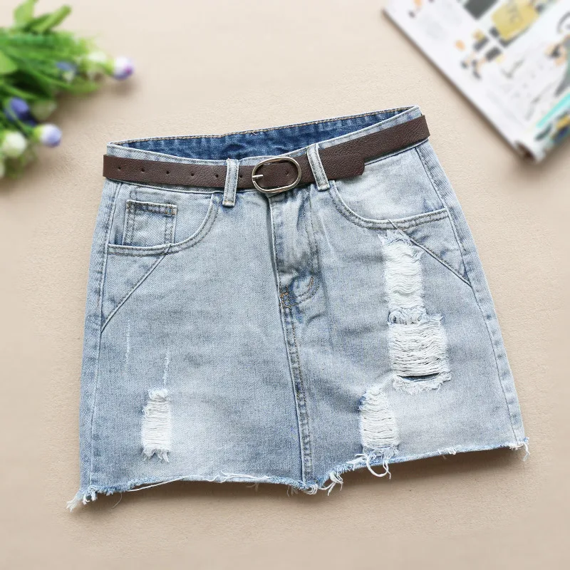 

Women Summer New Korean High Waist Ripped Hole Jeans Skirts Zipper Pocket Student Short Denim Skirt High Quality