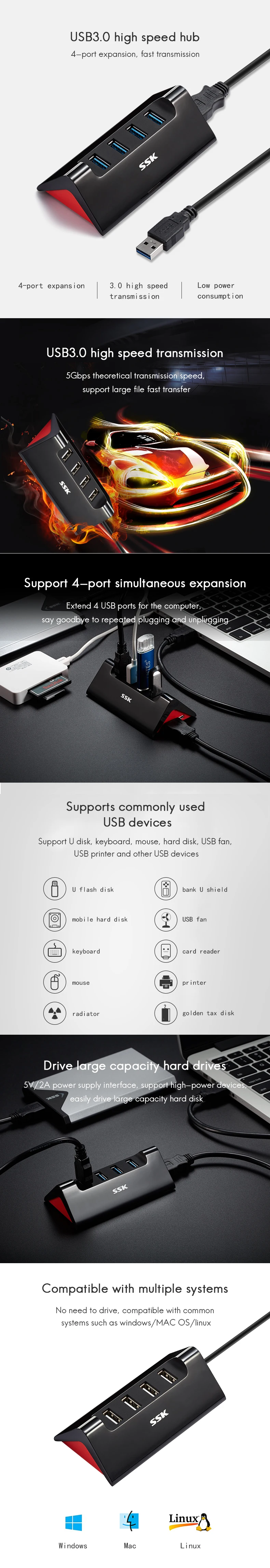 SSK Портативный USB2.0 USB3.0 концентратор 4 Порты и разъёмы usb-разветвитель высокой Скорость хаб передачи данных разветвитель для нескольких