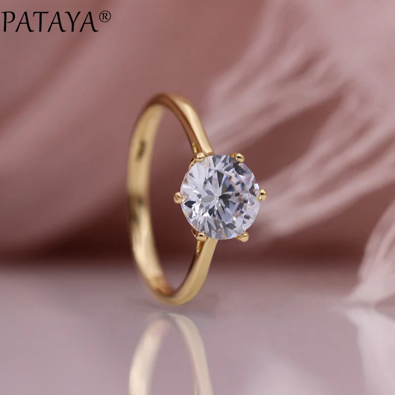 PATAYA новые большие круглые женские кольца с белым цирконием 585 розовое золото натуральные модные ювелирные изделия Свадебные Уникальные простые блестящие шесть кольцо с когтями