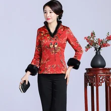 Традиционная Женская верхняя одежда с цветочным принтом Tang теплая куртка с длинным рукавом в китайском стиле женская верхняя одежда с v-образным вырезом и меховым воротником 4XL