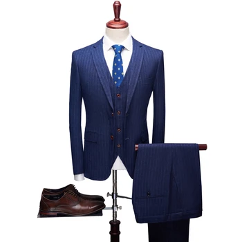 

2019 Top Quality Brand Men Suits Stripe Men's Blazer Slim Fit Wedding Male Groom Tuxedos suit Prom Jacket+Pants+Vest+Tie 3 Piece