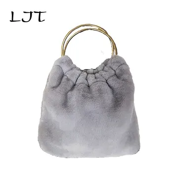 

LJT Korea Metal Ring Handle Hand Bags for Women 2019 Winter Soft Faux Fur Bags Vintage Fashion Women Warm Plush Handbag Tote
