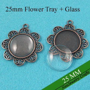 

25mm Antique Copper Filigree Flower Pendant Tray, 25mm Cabochon Pendant Blank + Clear Glass Cabochons (200 Trays + 200 Glass)