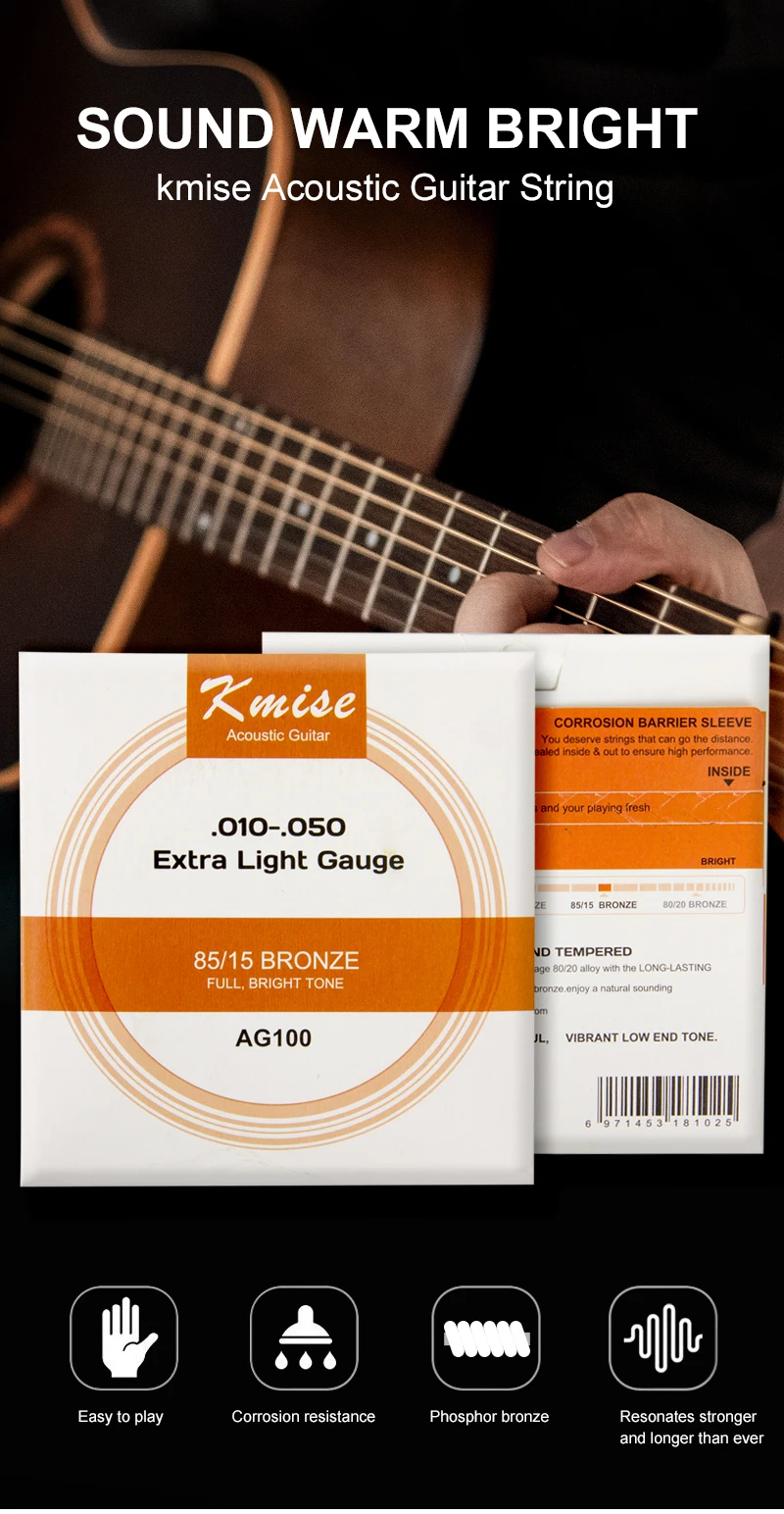 Kmise Струны для акустической гитары, Фосфорная бронза, шариковый конец, Экстра/средний/светильник, калибр для начинающих практик