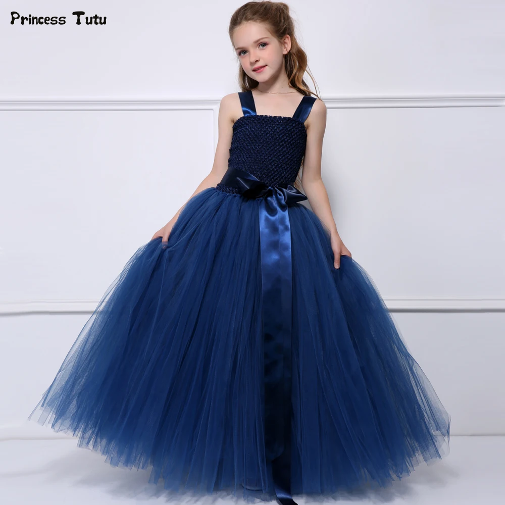 Темно-синие платья-пачки для девочек; фатиновое платье с цветочным узором для девочек детское платье принцессы для девочек; праздничное платье на свадьбу, день рождения размеры От 1 до 14 лет