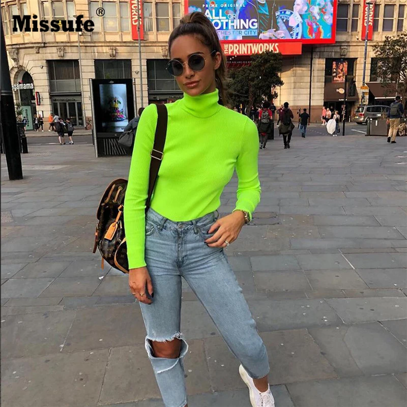 Missufe Autumn Winter Turtleneck Long Sleeve Knitted Sweater Female Slim Pullover Jumpers Fluorescent Green Casual Sweater Women