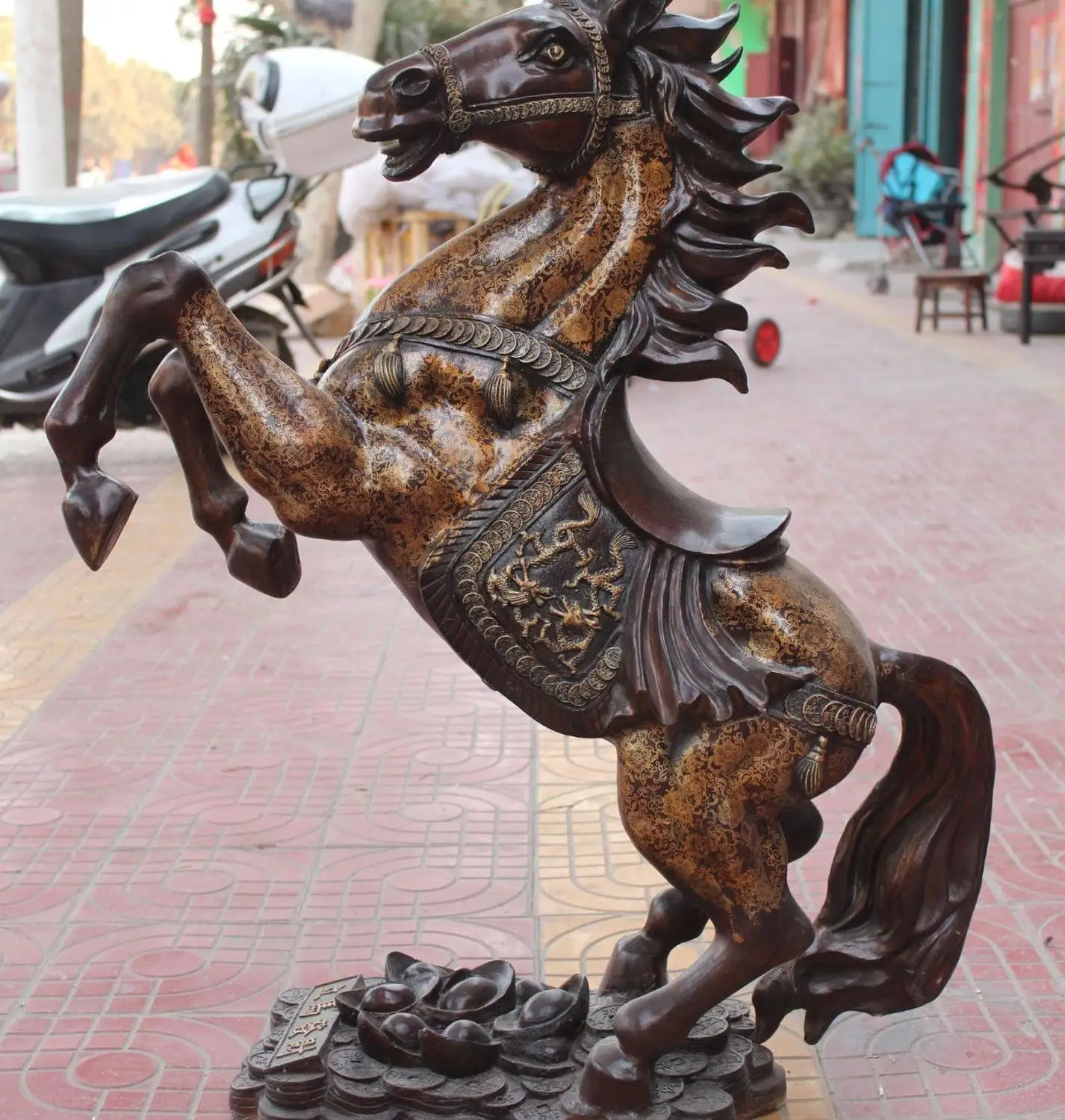 

39" Huge Bronze Gilt Wealth Yuanbao Money Successful Running Horse Dragon Statue