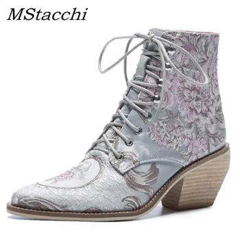 

MStacchi New Fashion Ethnic Style Embroided Ankle Boots Women Pointed Toe Chunky High Heel Flower Lady Street Snap Short Boots