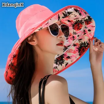 

XdanqinX Foldable Summer Women's Hat Large Visor Sun Hats Removable Sunscreen Anti-UV Beach Hat For Women Oversized Female Cap
