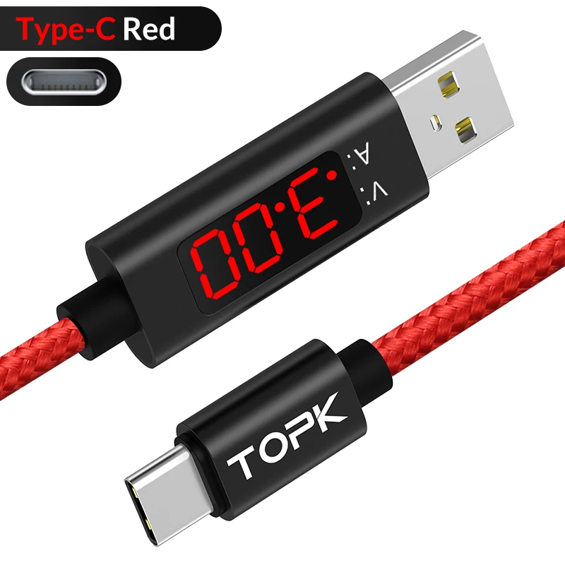 TOPK AC27 3A(Max) usb type C для samsung Xiaomi huawei Быстрая зарядка USB C с цифровым дисплеем кабель для мобильного телефона - Цвет: Red