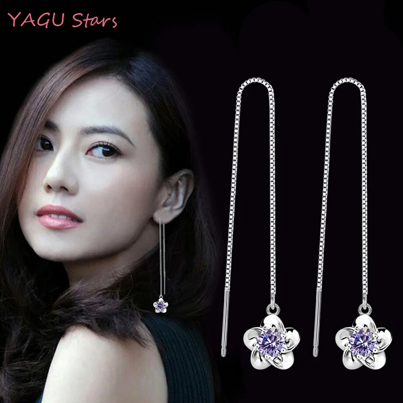 

Simple Fashion 925 Sterling Silver Zircon Plum Blossom Flower Drop Earrings Chain Long Tassel Ear Line for Women Jewelry Y-J17