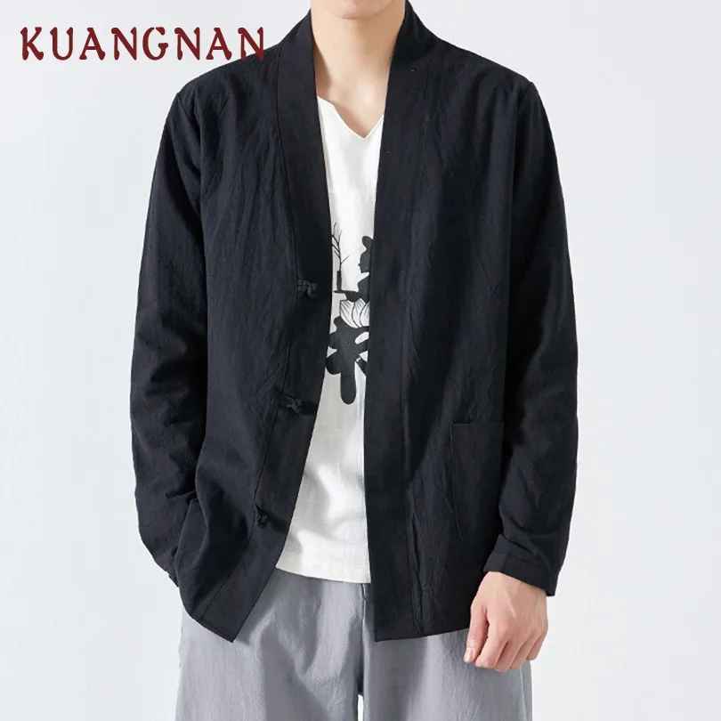 KUANGNAN, китайский стиль, Однотонная рубашка-кимоно, мужская, длинный рукав, черное кимоно, рубашка, мужская, Японская уличная одежда, мужская рубашка-кимоно, новинка - Цвет: Black