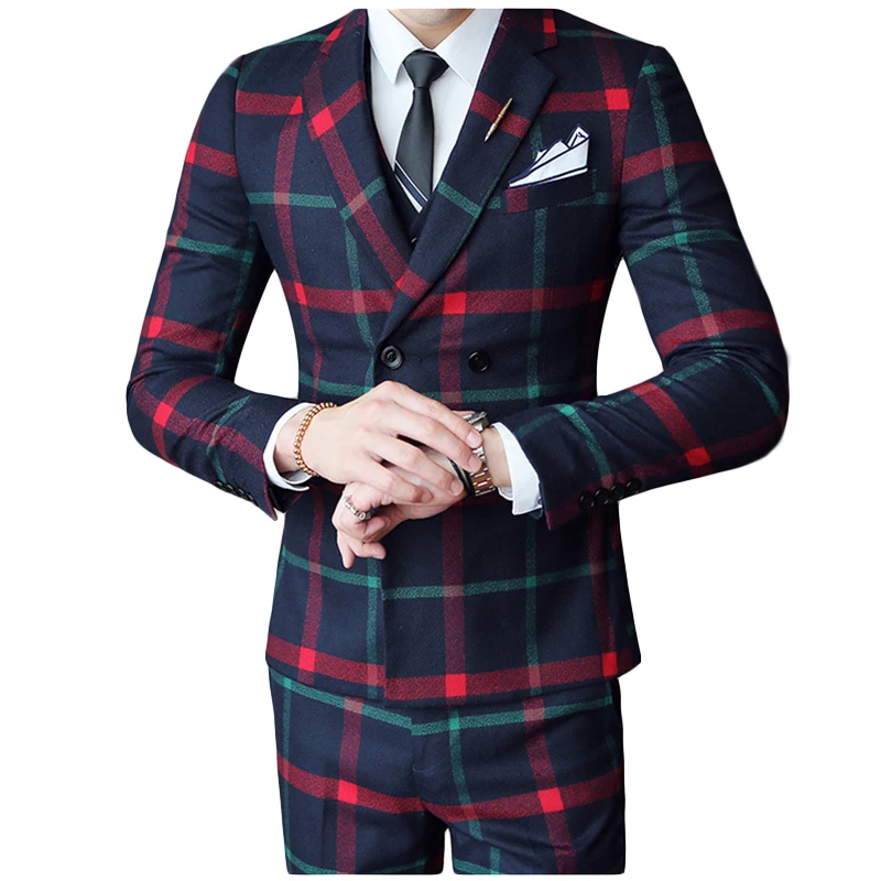 

Plyesxale Brand Slim Fit Mens Double Breasted Suits Classic Colorful Plaid Suit Men High Quality 3 Pcs Groom Wedding Suits Q515