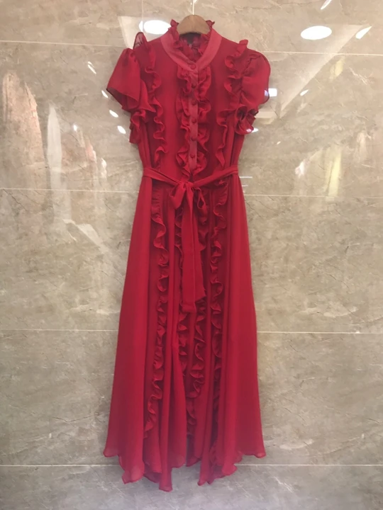 

2019 Summer New Woman's Ear Irregular Stitching Lace with Received Waist Pure Color Dress 709