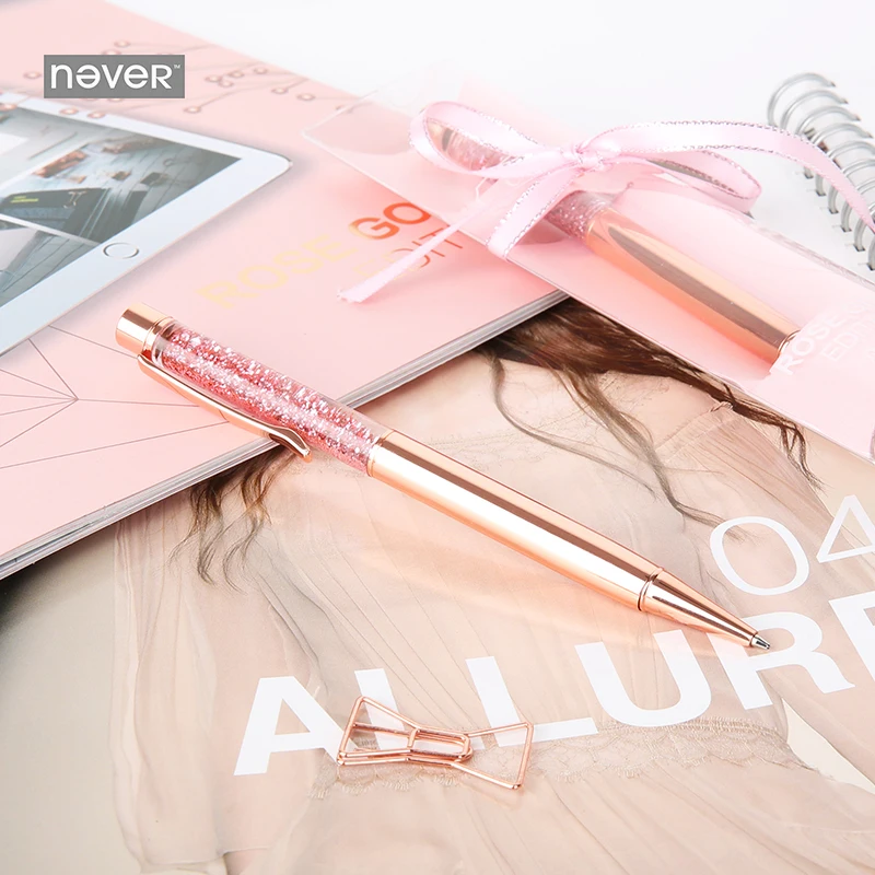 NEVER Rose Gold Meatl Ballpoint Pens for School Luxury Pen 0.7mm Office Accessories Girls Diamond pen Chancellory student supply