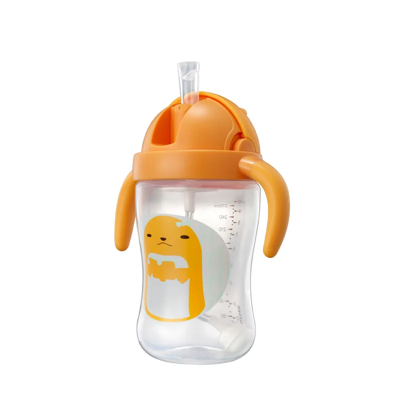 VALUEDER 2 шт Детские чашки для кормления с ручкой набор анти-колик 180 мл и 270 мл PP детские чашки для воды с соломинкой и милый пингвин форма - Цвет: Orange 270ml