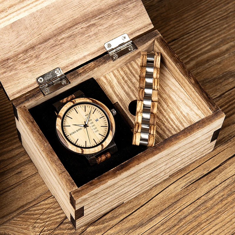 BOBO BIRD L-O26 Fashion Men Wood Quartz Watch With Bracelet Week and Date Show Timepiece Wristwatch Best Gift relogio masculino