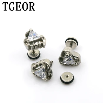 

free shipping illusion cheaters 20pcs 1.2*6*6/(10*11)mm Stainless Steel retro heart Gem Triangle Zircon CZ piercing fake plugs
