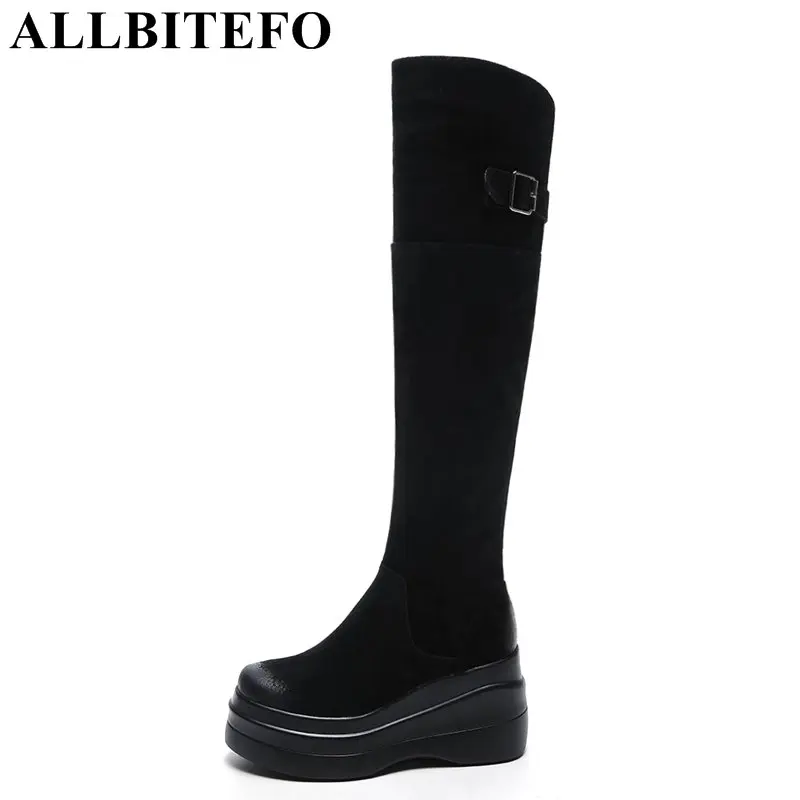 ALLBITEFO new winter Nubuck leather high heels platform women knee high boots wedges heels Stretch boots women boots girls boots