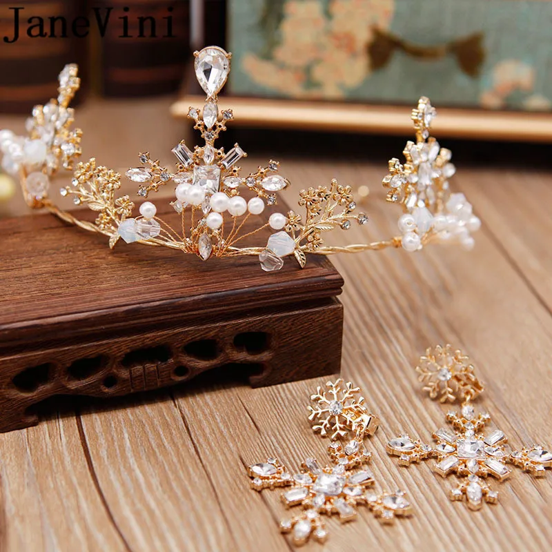 

JaneVini Bling Bride Headbands Western Wedding Crystals Pearls Tiara Princess Crown Earrings Baroque Gold Bridal Hair Ornaments