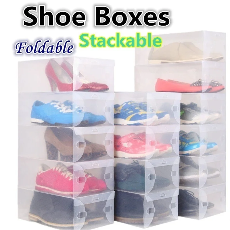 

10pcs Transparent Clear Plastic Shoe Storage Box Foldable Stackable Boxes Organize (Size: 10.8*7.1*3.7'')