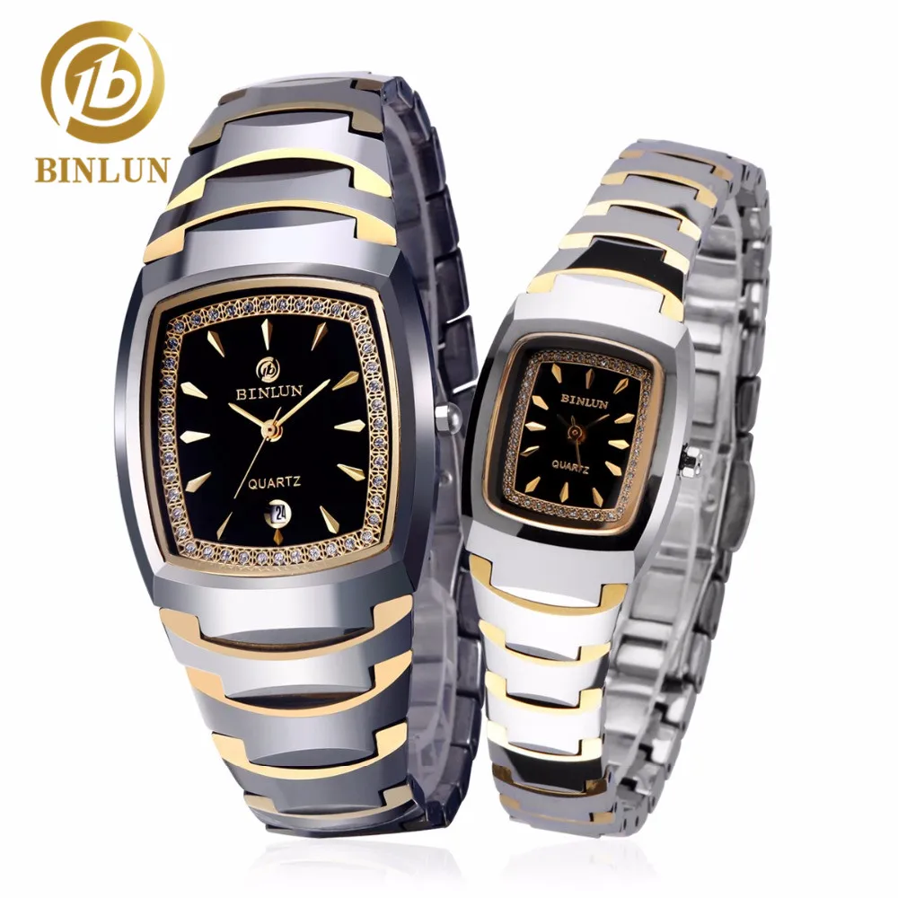 Best Seller  BINLUN 18K Gold Tungsten Steel Couple Watches Rectangle Diamond Decoration Pair Watches With Date W