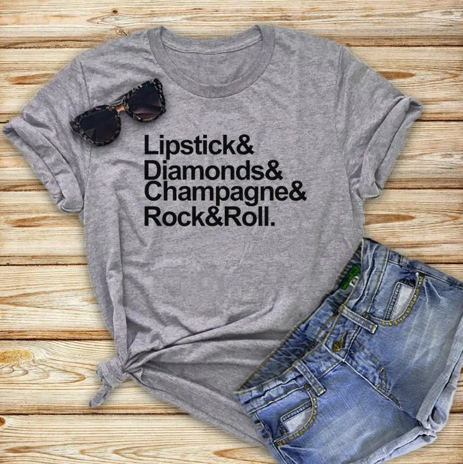 أحمر الشفاه الماس الشمبانيا روك والنساء التي شيرت القطن عارضة مضحك t قميص لسيدة يونغ فتاة أعلى المحملة محب قطرة السفينة S-350