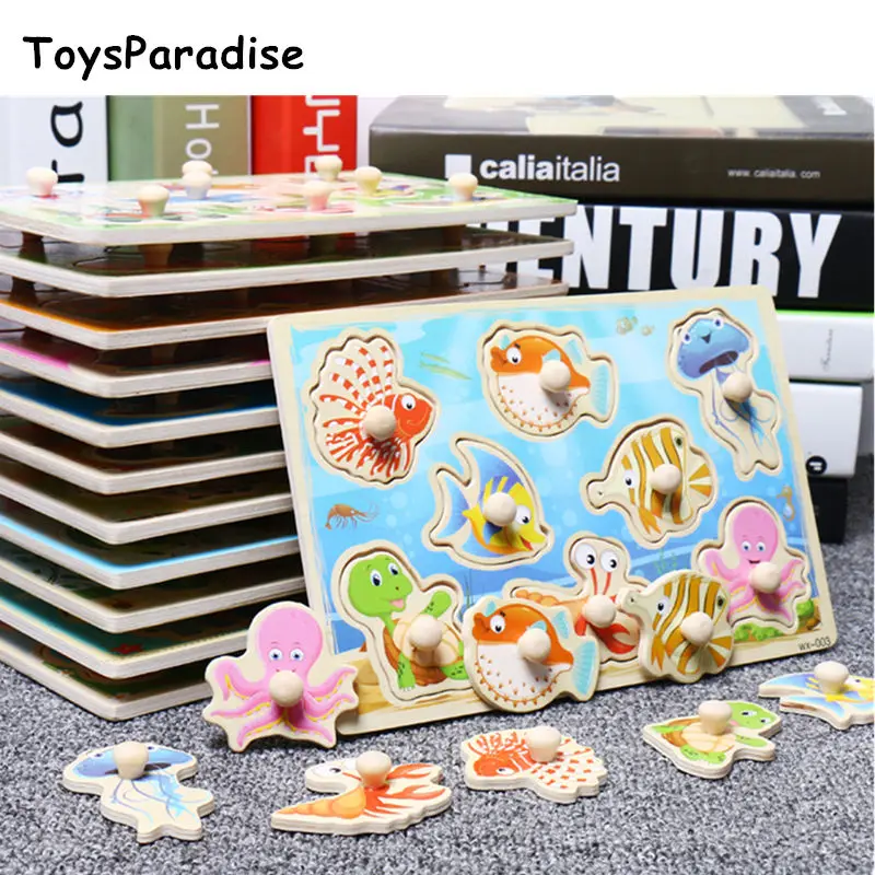 

ToysParadise Montessori Jigsaw Puzzles Hand Grab Board Wooden Toys For Kids Fruits/Vehicle/Animal/Ocean Puzzles Educational Gift