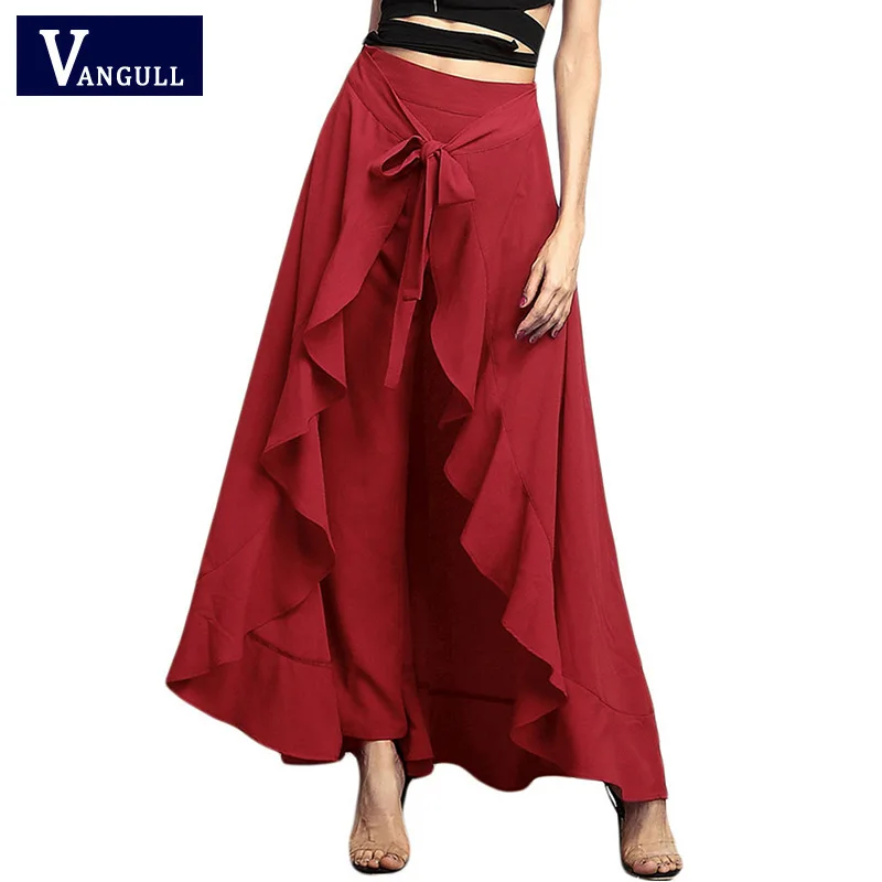 

VANGULL women wrap skirts ankle-length casual sashes ruffle hem wide leg loose pants elegant skirts 4 color 2018 spring fashion