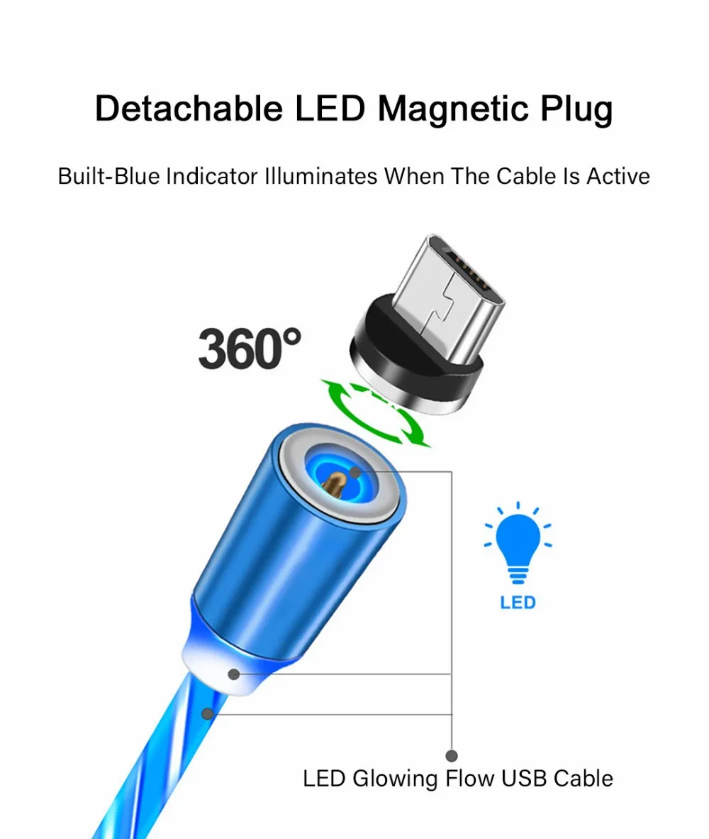 Магнитный светодиодный кабель 2.4A Быстрая зарядка Магнит Micro usb type C кабель осветительный провод type-C зарядное устройство для Iphone Xs samsung S10