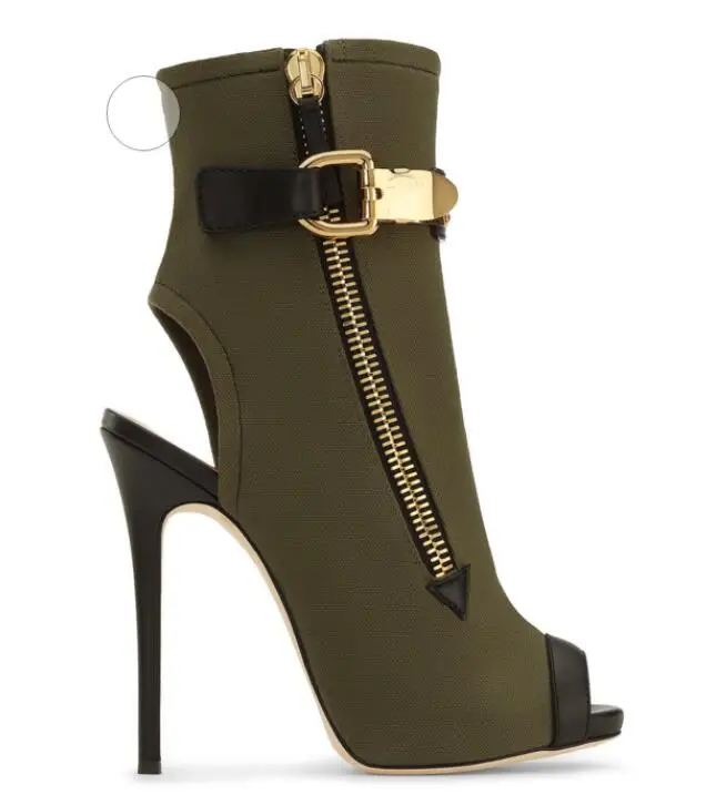 

Hot Fashion Sexy Army Green Canvas Ankle Shoes Zip Peep Toe Thin Heels Women's Shoes Metal Decoration Big Size Women's Boots