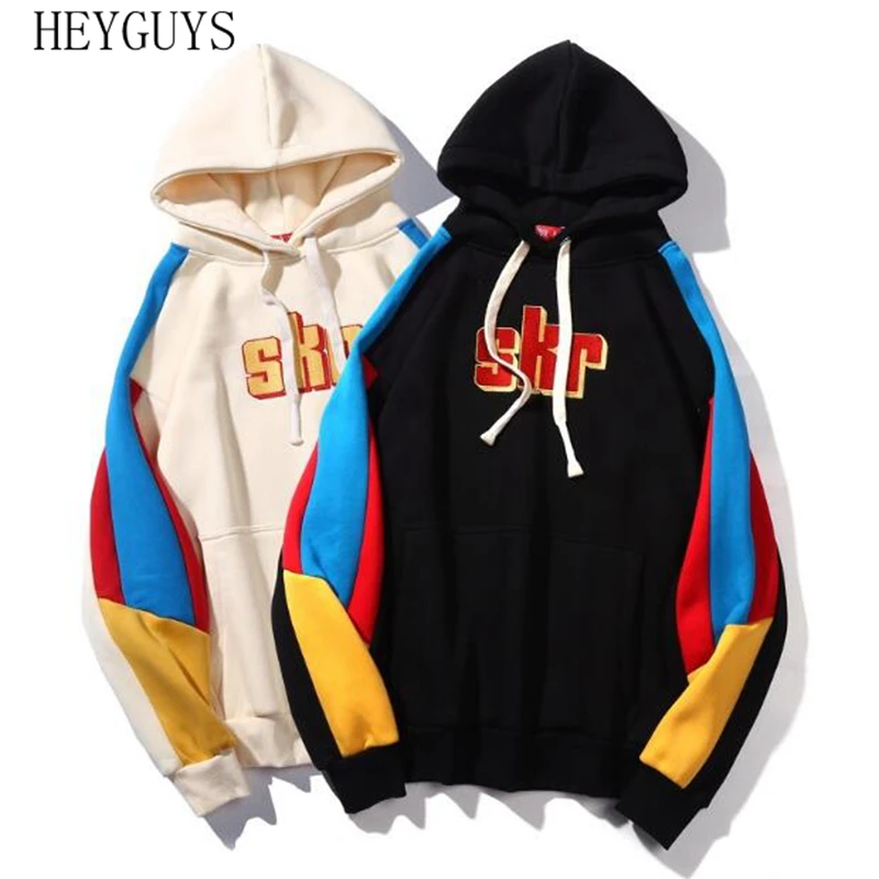

HEYGUYS Color Block Patchwork Fleece Hooded Sweatshirts 2018 Autum Men Embroidery Pullover Hoodies Streetwear Male Fashion Tops