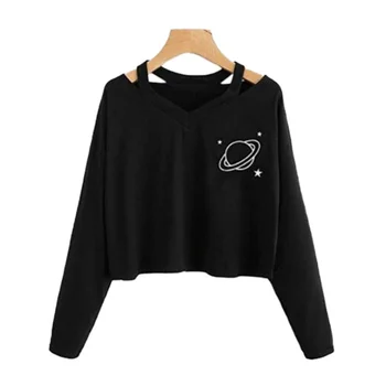 

ROPALIA Spring Atutunm Womens Casual Short t shirt Hollow Out V Neck tshirt Harajuku Planet Printed Long Sleeve Shirt Women