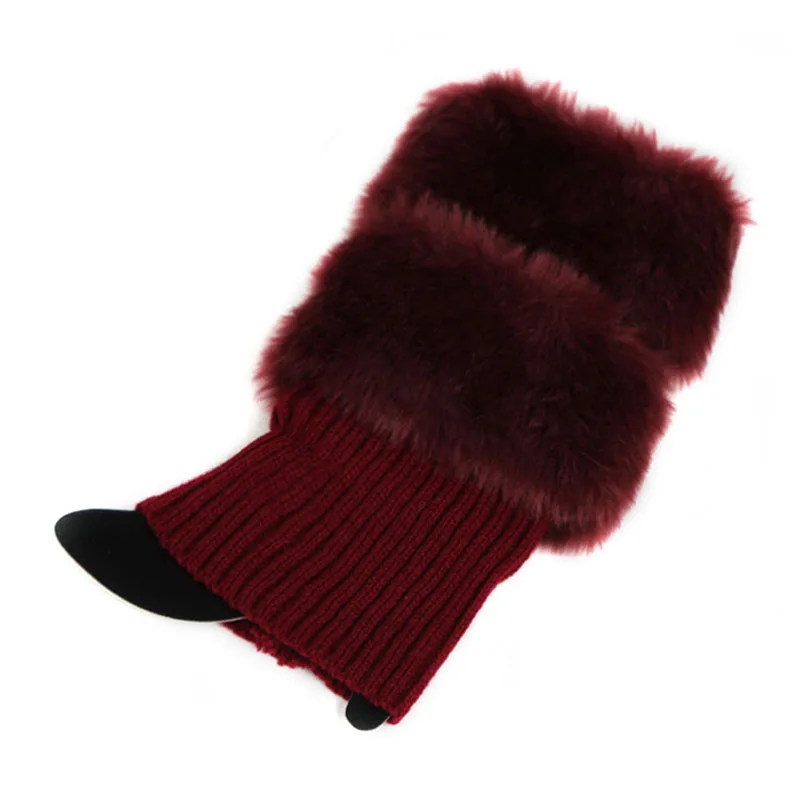 Женские зимние теплые вязаные гетры с меховой отделкой; манжеты; носки для обуви - Цвет: Deep Red