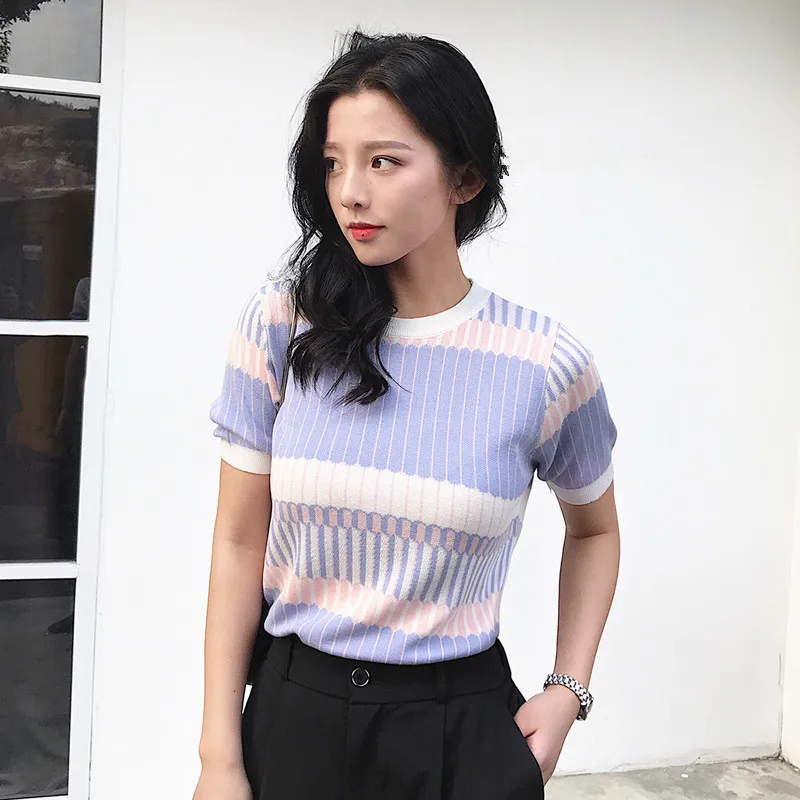 

New Chic Summer women T-shirt Tencel Knitted short sleeves ruffles O-neck Pullovers Jumper Computer Knitted Sweaters Multicolor