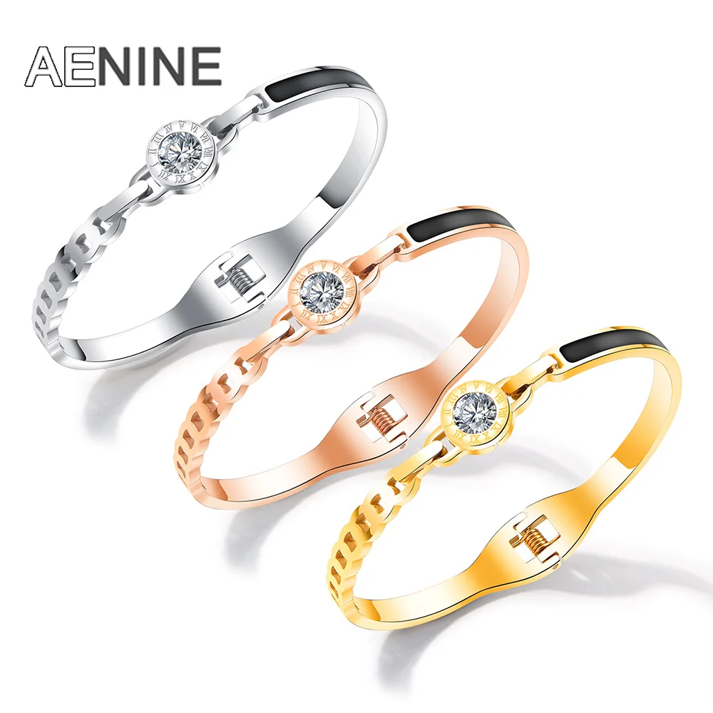 

AENINE Classic Cubic Zirconia Bangles Jewelry For Women Stainless Steel Rose Gold Link Chain Wedding Bangle Jewelry AOGH913