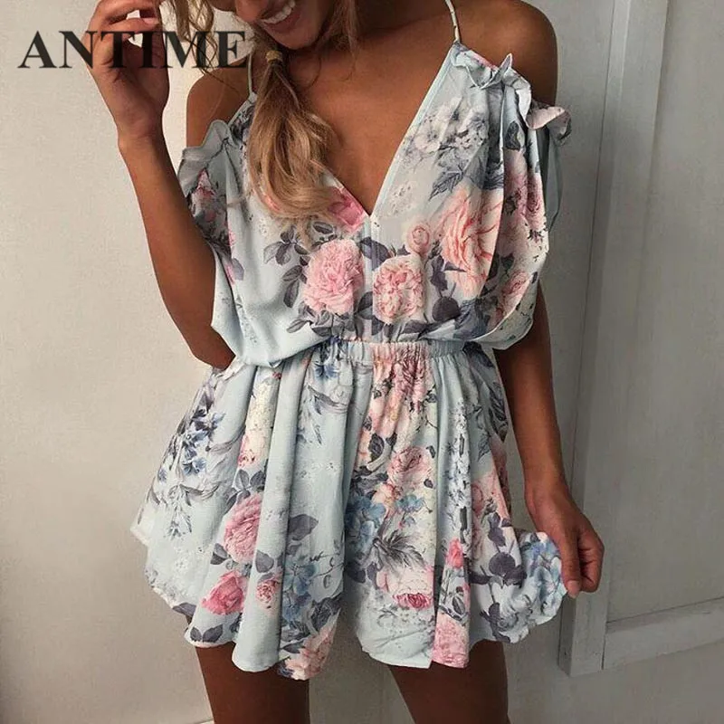 

ANTIME Deep V Neck Spaghetti Strap Women Casual Beach Style Print Sleeveless Ruffles Loose Soft Pretty New Light Blue Playsuit