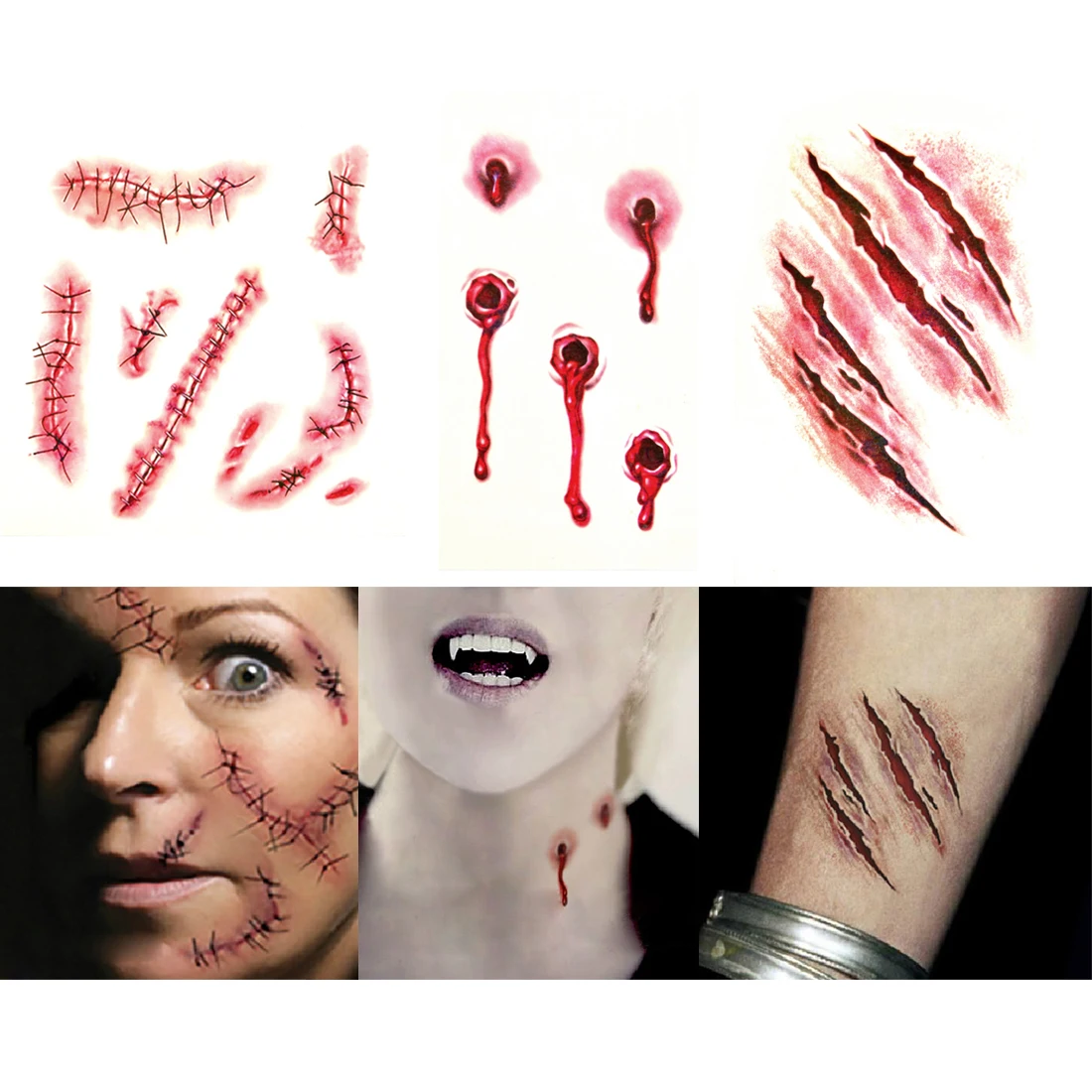 3pcs Halloween Zombie Scar Tattoos Fake Scars Bloody Costume Makeup