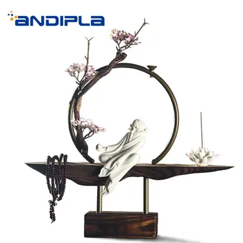 

Creative Backflow Fragrant Incense Burner Stick Incense Lotus Holder Ceramic Character Wooden Base Metal Circle Decoration Gifts