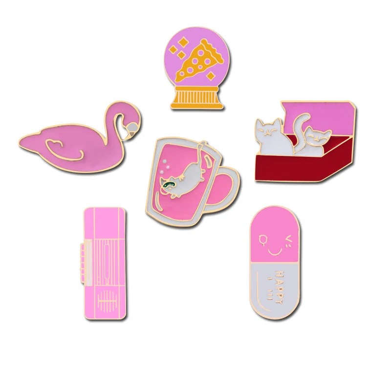 

Cute Brooches Collection Hard Enamel Pin Pink Tea Cup Cat Pill Medicine Brooch Swan Radio Bag Pin Metal Badge Accessories Women